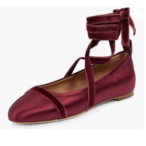 miss left Dark Red Lovely Round Toe Satin Ballet Flats Strappy Ankle Strap Shoes